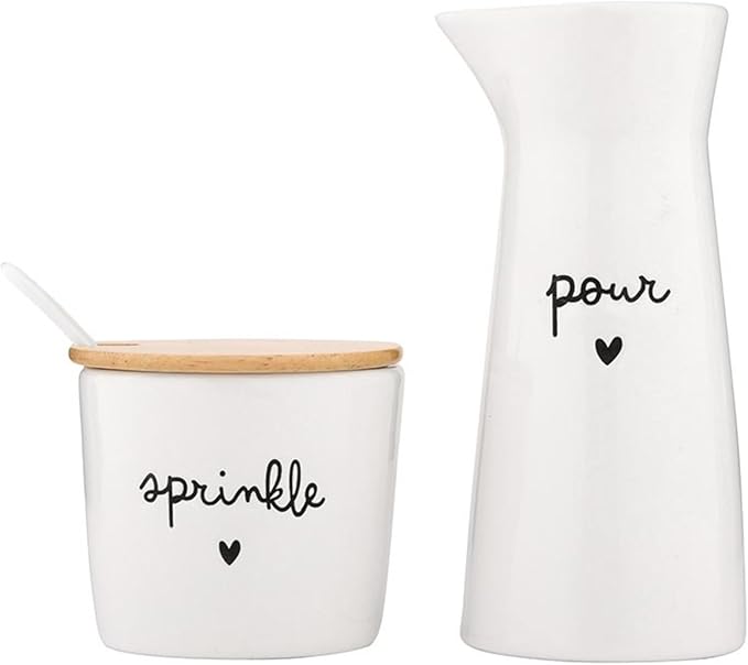 Santa Barbara Design Studio Ceramic Sugar and Creamer Set Sugar Bowl with Lid and Spoon and Cream Pitcher, 3-Piece, Pour & Sprinkle