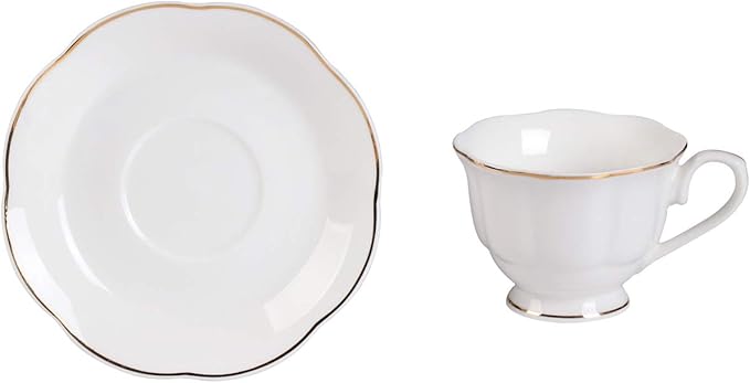 Guangyang 12 pieces Fine Porcelain 2.5oz Cups and Saucers set of 6 Turkish Coffee Cup set for Double Espresso White Color with Gold Trim