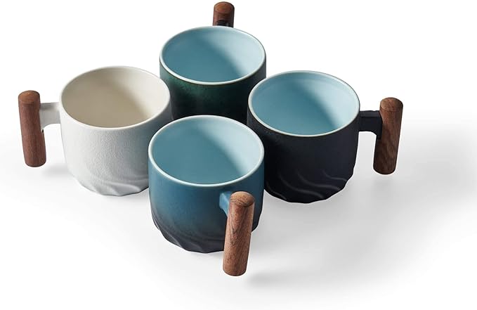 Ceramic Espresso Cups with Wooden Handle Espresso Shot Cups Ceramic Tea Cups Porcelain Demitasse Cups for Coffee or Tea, 2oz (blue, 2)