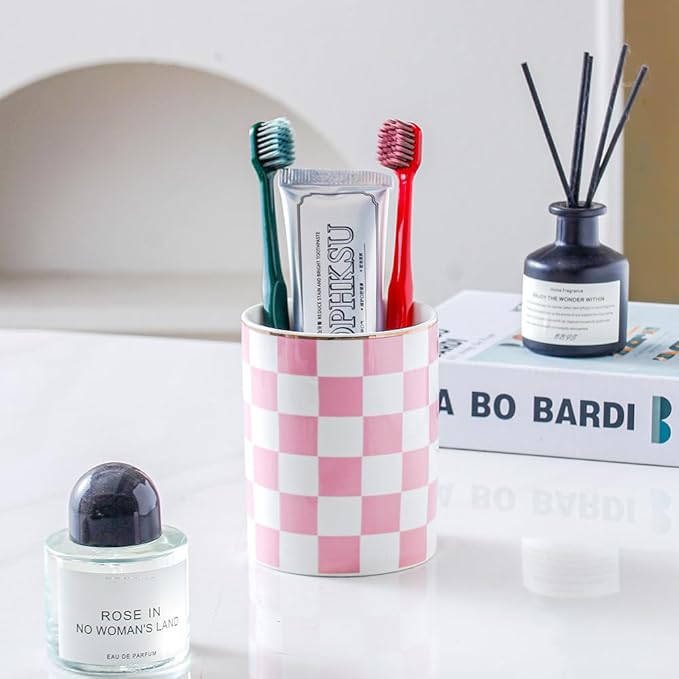 Ceramic Toothbrush Holder Toothpaste Holders, Cute Bathroom Tumbler Cups Reusable,Checkered Bathroom Counter Decor Organizer, Makeup Brush Holder,Pen Holder (Pink)