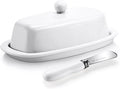 Yedio Ceramic Butter Dish with Lid and Knife for Countertop Refrigerator, 8 Inch White Butter Holder with Porcelain Cover Knob Handle for East West Coast Butter Stick