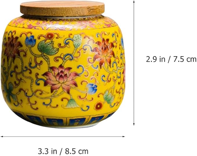 Cabilock Ceramic Tea Canister with Airtight Wood Lid Vintage Chinese Style Tea Storage Jars Traditional Tea Tins Cans Tea 230ML for Kitchen Spice Tea Coffee Condiment Yellow