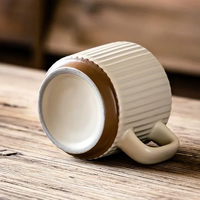 Artisanal Ceramic Mug & Walnut Saucer Set for Coffee Latte, Cappuccino Espresso Tea - 8.3oz/250ml Textured Coffee Cup with Wood Saucer, Dishwasher & Microwave Safe Gift