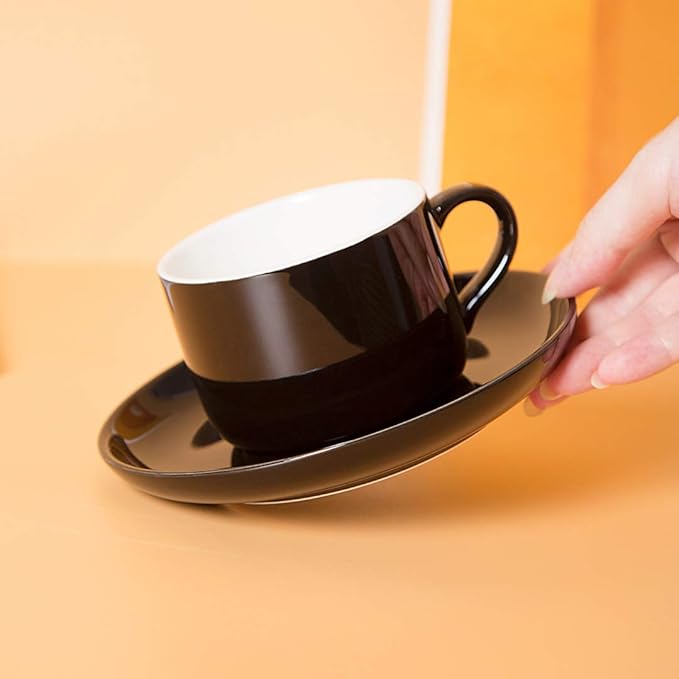 8oz Cappuccino Cups Set of 6, Ceramic Coffee Cups and Saucers Set with Spoons, Black Durable Coffee Cups for Cappuccino Espresso Latte Mocha Au Lait Macchiato Cafe