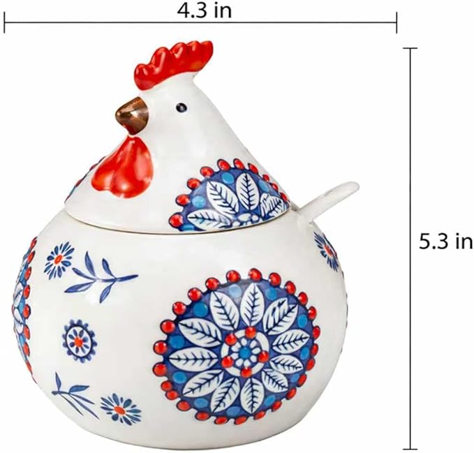 13oz ceramic lidded spice jar with a small spoon. Features a cute country rooster design, perfect for kitchen countertop decor. Suitable for storing salt, spices, coffee, candy, and sugar.