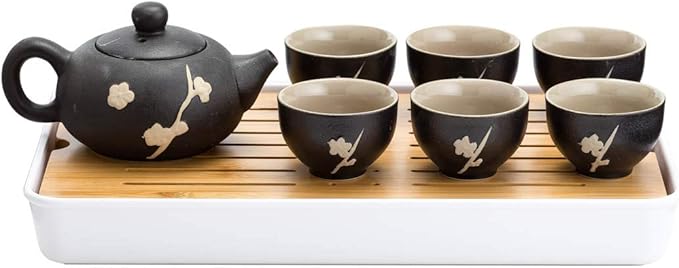 TJ Global Chinese/Japanese Ceramic Tea Set, 100% Handmade Traditional Tea Ceremony Set with Teapots, 6 Teacups, Bamboo Tea Tray with Drainage (Black)