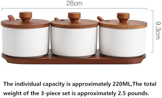 Ceramic Condiment Container with Lids and Spoons，Spice Jars Set of 3 for Sugar Salt Pepper Spice Pots Bowl，with Wooden Tray for Serving, Counter, Home, Kitchen