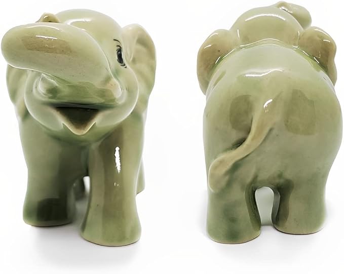 ChangThai Design Tiny 2½" Green Baby Elephant Curling Up Trunk Figurine - Miniature Hand Made Painted Ceramic Asian Elephants Cute Wildlife Animals Porcelain Decorative Collectible Figures Décor Gifts