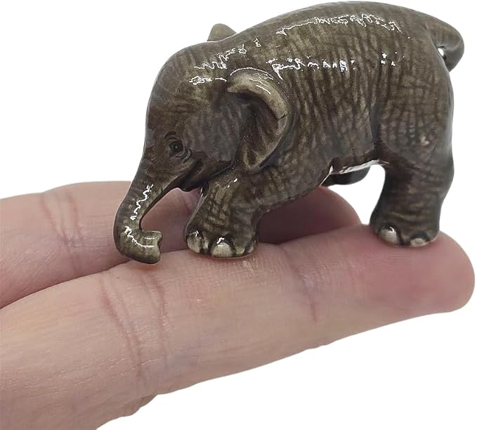 ChangThai Design Tiny 2" Gray Baby Elephant Bending Down Figurine - Miniature Hand Made Painted Ceramic Asian Elephants Cute Wildlife Animals Porcelain Decorative Collectible Figures Décor Gifts