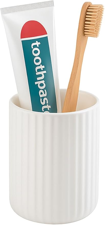 White Ceramic Toothbrush Holder Cup – 13.5oz Bathroom Tumbler with Vertical Stripe Texture, Toothbrush or Makeup Brush Holder