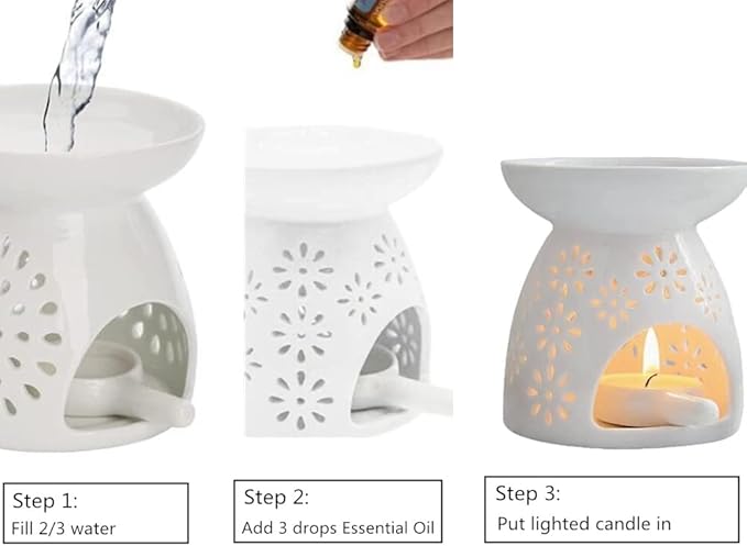 Ceramic Tealight Candle Holder Oil Burner with Spoon, White Aromatherapy Essential Oil Incense Diffuser Furnace for Yoga Spa Home Bedroom Decoration
