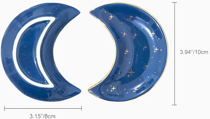 Moon Shape Jewelry Tray, Engagement Ring Tray, Blue Ring Dish for Women in Vanity Bathroom. Decorative Trinket Tray for Organizing Necklace Earrings, Ceramic.