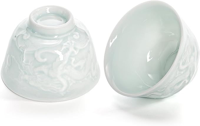 2Pcs Ceramic Tea Cup, 1.5 Oz Handmade Chinese Teacup, Mini Japanese Sake Cups, No Handle Asian Embossed Double Dragon Cup for Kungfu Style Tea Ceremony, Hot Tea, Matcha, Dishwasher Safe