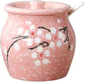 Ceramics Japanese Flower Sugar Bowl Seasoning Pot Salt Storage Jar with Lid Spoon