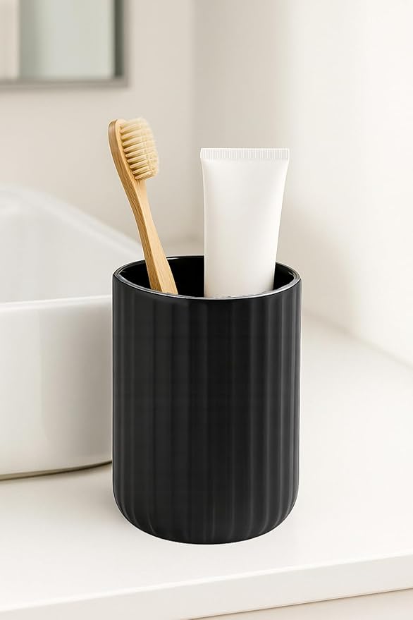 Black Ceramic Toothbrush Holder Cup – 13.5oz Bathroom Tumbler with Vertical Stripe Texture, Modern Toothbrush or Makeup Brush Holder