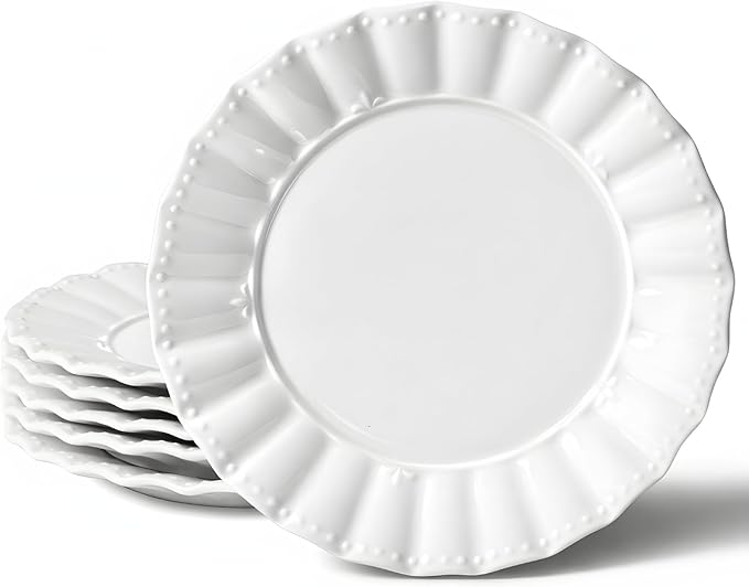 HOMBENE Dessert Plates 8 Inches Set for 6 Ceramic Serving Plates,plates for Cake Waffles,Wavy Style, Snacks, Pasta, Noodle, Dinner, Microwave & Dishwasher Safe (White)