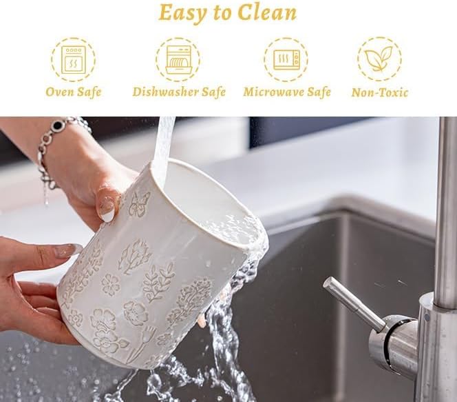 TEATALK Ceramic Utensil Holder Set, 360° Rotating Organizer for Countertop, Farmhouse Vintage Style, Large and Small Crocks in White Garden Pattern，7.7"+5.7"