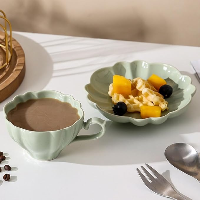 Flower Shaped Ceramic Coffee Cup Teacup with Saucer, Set of 2-Green