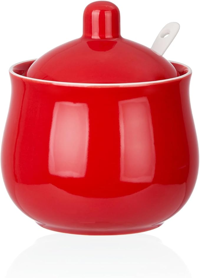 Ceramic Sugar Bowl with Lid and Spoon, Red Porcelain Sugar Salt Pepper Storage Jar, 12 Ounces