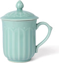 Porcelain Lotus Tea Cup with Lid and Handle, 12 oz Unique Coffee Mug, Microwave Dishwasher Safe, Gifts for Women and Men, Aesthetic Chinese Celadon 1 Pack (Sky Blue)