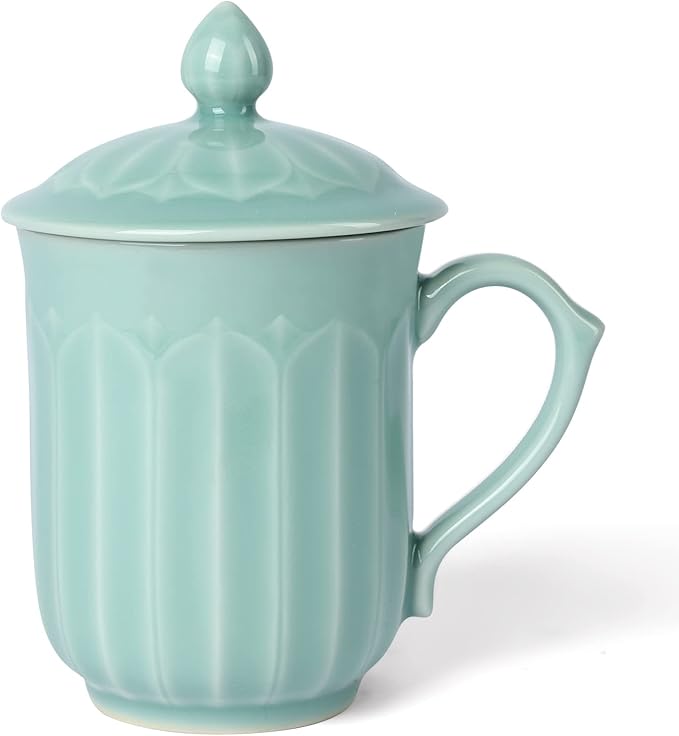 Porcelain Lotus Tea Cup with Lid and Handle, 12 oz Unique Coffee Mug, Microwave Dishwasher Safe, Gifts for Women and Men, Aesthetic Chinese Celadon 1 Pack (Sky Blue)