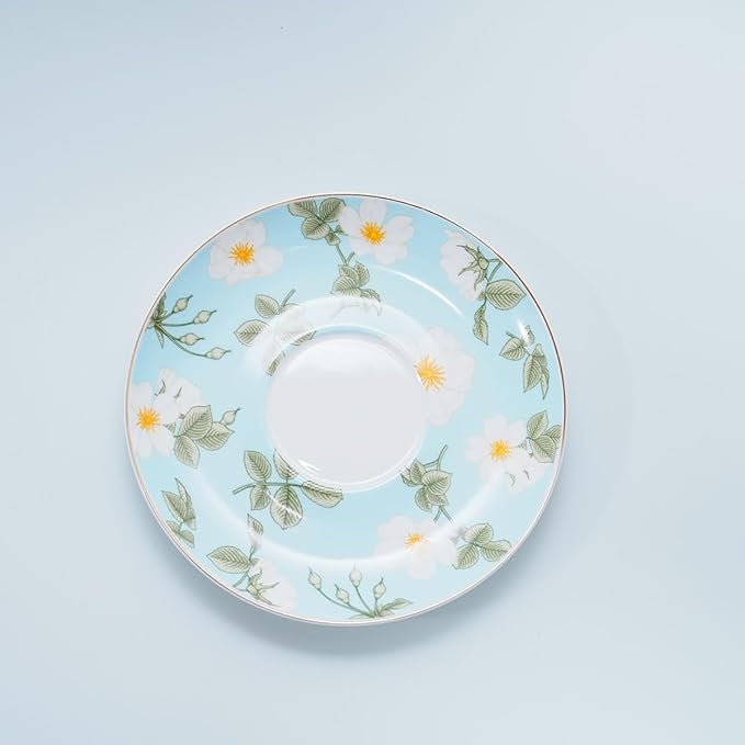 Bone China Tea Cup and Saucer Set with Spoon，Elegant Floral Tea Cup Set (7 oz)，British Coffee Latte Mug for Birthday Party Christmas gift for Friends