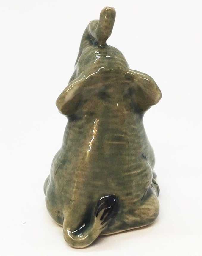 ChangThai Design Tiny 1⅜" Gray Baby Elephant Sitting Look Up Figurine - Miniature Hand Made Painted Ceramic Asian Elephants Cute Wildlife Animals Porcelain Decorative Collectible Figures Décor Gifts
