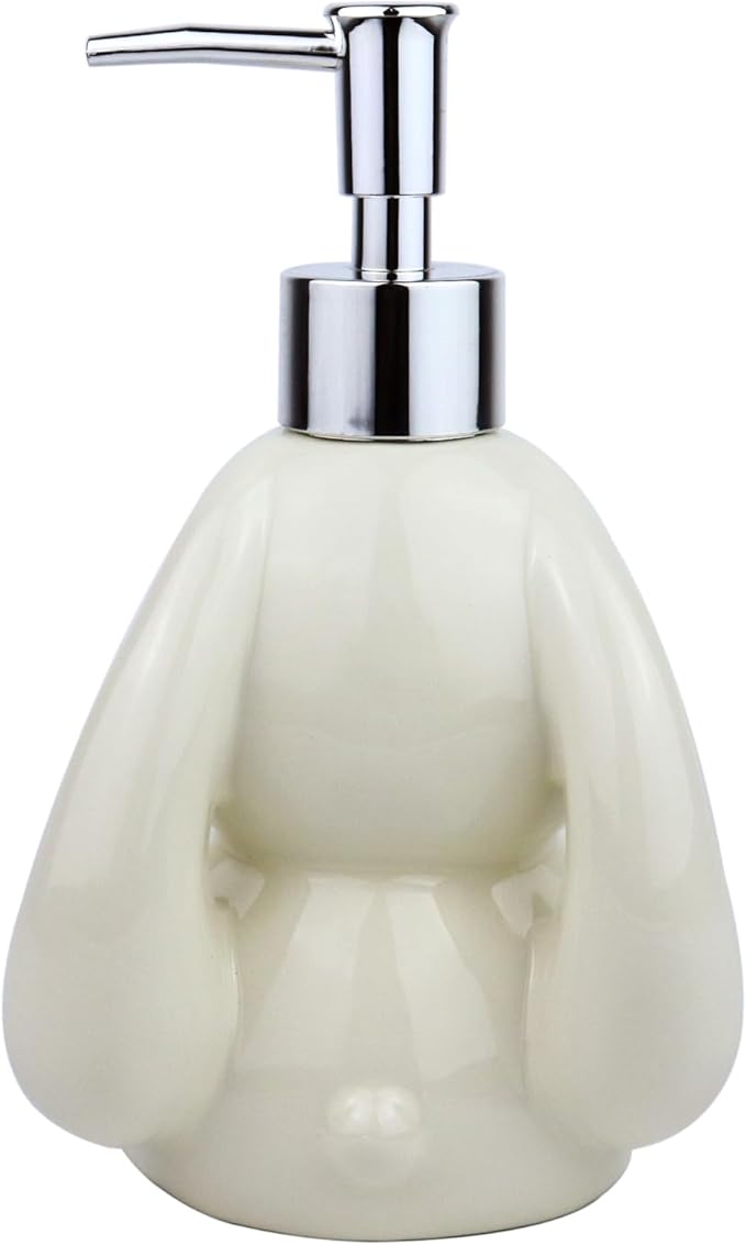 Cute Rabbit Ceramics Countertop Soap Dispenser, 11oz/320ml Elegant Long Eared Rabbit Design Hand Dish Lotion Dispenser for Kitchen, Bathroom and Bedroom (White)