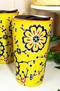 Ebros Oriental Japanese Design Double Walled Porcelain Ceramic Tall Hot Or Cold Drink Travel Mug Cup 12oz With Straw Or Sip Holed Cover Lid (Yellow Floral Cherry Blossoms)