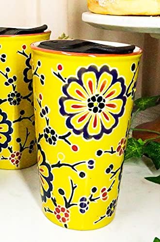 Ebros Oriental Japanese Design Double Walled Porcelain Ceramic Tall Hot Or Cold Drink Travel Mug Cup 12oz With Straw Or Sip Holed Cover Lid (Yellow Floral Cherry Blossoms)