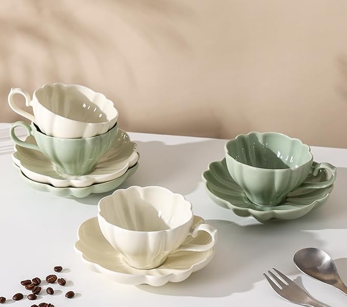 Flower Shaped Ceramic Coffee Cup Teacup with Saucer, Set of 2-White