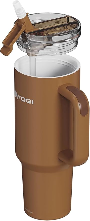 YOGI Ceramic Lined Metal Allergy Safe 40oz Tumbler with Handle and Straw Leakproof Flip & Sip Lid Vacuum Insulated Stainless Steel Travel Cup for Iced Coffee Water and All-Day Hydration 40oz Amber