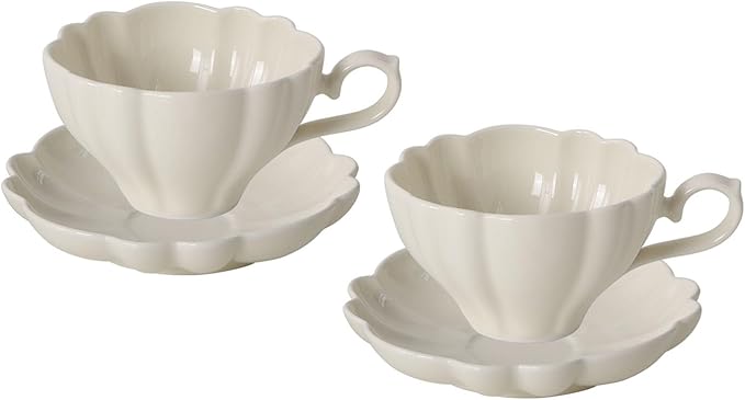 Flower Shaped Ceramic Coffee Cup Teacup with Saucer, Set of 2-White