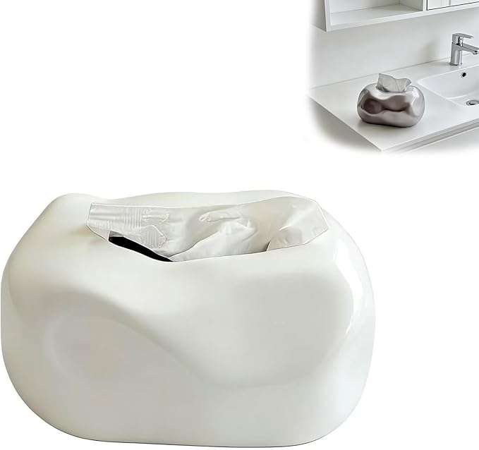 Decorative Ceramic Tissue Box Cover Modern Sculptural Design Creative Tissue Holder Smooth Finish for Home Office Bathroom (White)