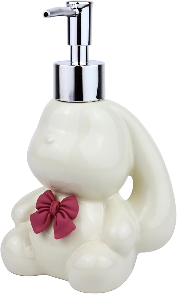 Cute Rabbit Ceramics Countertop Soap Dispenser, 11oz/320ml Elegant Long Eared Rabbit Design Hand Dish Lotion Dispenser for Kitchen, Bathroom and Bedroom (White)