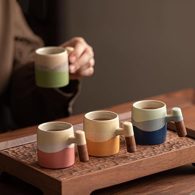 2.4oz Ceramic Espresso Cups Set of 4, Small Coffee Cups with Wooden Handle, Gradient Color Demitasse Cups, Ceramic Tea Cups Gift Box Packaging