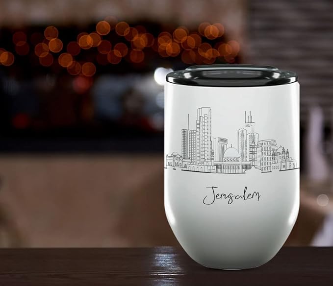 Jerusalem Skyline Wine Tumbler, Asia Skyline 12oz Wine Tumbler, Custom Wine Tumblers Gift For Birthday, Spill Resistant Tumblers for Women, Personalized Wine Tumbler