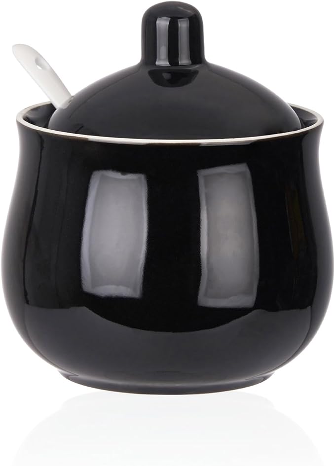 Ceramic Sugar Bowl with Lid and Spoon, Black Porcelain Sugar Salt Pepper Storage Jar, 12 Ounces