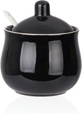 Ceramic Sugar Bowl with Lid and Spoon, Black Porcelain Sugar Salt Pepper Storage Jar, 12 Ounces