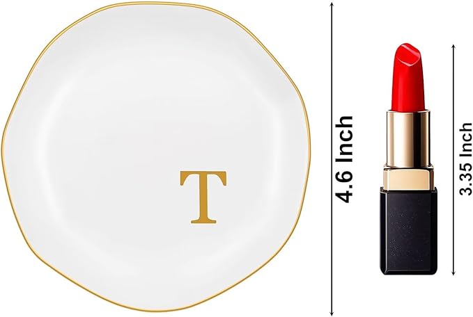 Ceramic Jewelry Tray, Personalized Initial Ring Dish, Elegant Trinket Tray for Rings Earrings Bracelet Necklaces, White Decorative Jewelry Holder for Women Vanity, 4.5 Inch, Letter T