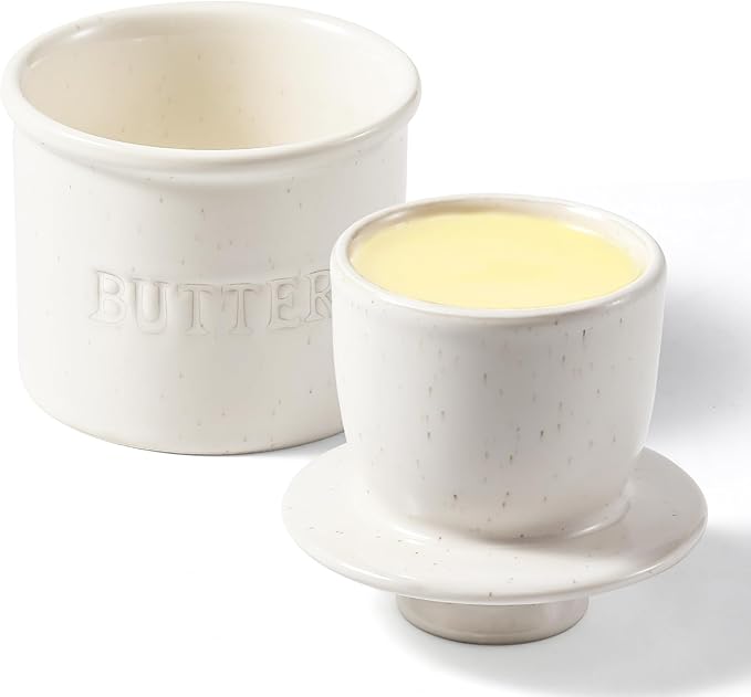 Butter Crock with Lid for Countertop - Ceramic French Butter Dish for Spreadable Soft Butter, Butter Container Holder with a Water Seal, Housewarming Gift, Kitchen and Home Decor, Speckled White