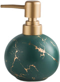 Gold Soap Dispenser for Bathroom or Kitchen, Cute Marble Round Ceramic Lotion Bottle, Rust-Free Pump(Dark Green)