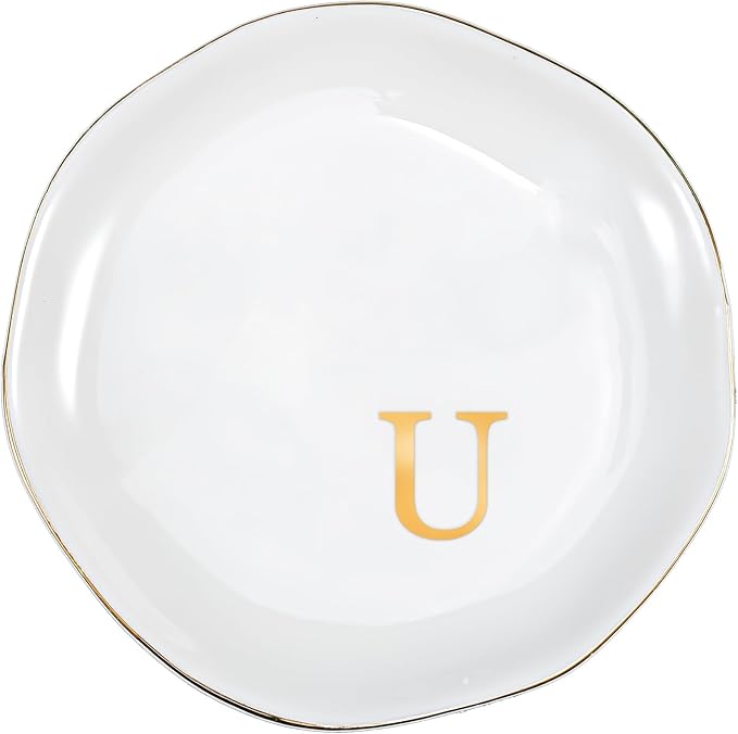 ProCase Ceramic Jewelry Tray, Initial Ring Dish Trinket Plate Engagement Gift, Small Personalized Monogram Ring Bowl for Wedding, White Decorative Jewelry Holder for Women Vanity -Letter U