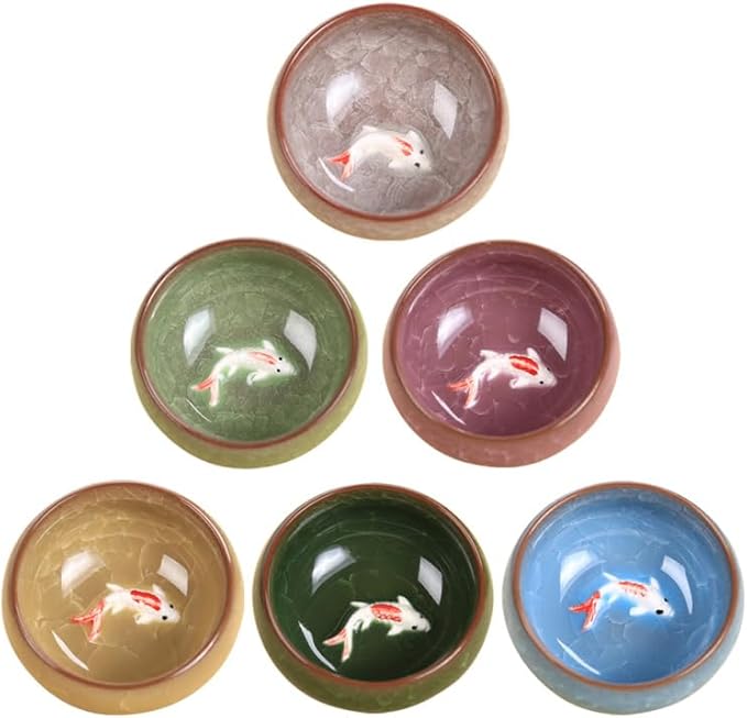 Hemoton Ice Cracked Fish Mini Tea Cup Set of 6 Porcelain Small Cups for Chinese Tea Ceremony Asian Kung Fu Matcha Coffee and Wine Tableware for Home and Party