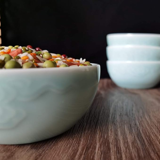 Chinese Rice Bowls 10-Ounce 4.5 inch Celadon Glazed Cereal Bowl Embossed with Auspicious Clouds Porcelain(Set of 4) (Sky Blue)