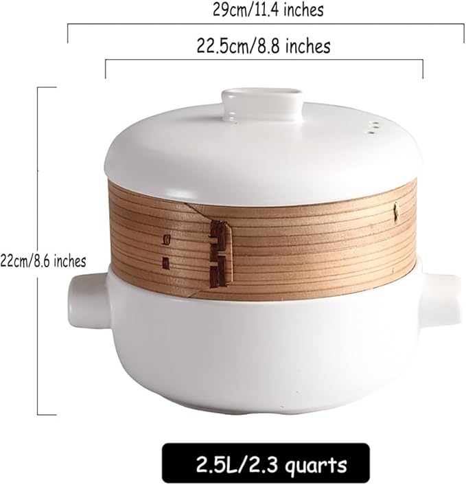 Steamer for Cooking Japanese Ceramic Hot Pot, Earthenware Clay Pot Casserole Steamer Cookware Stew Pot Stockpot with Lid & Steamer Basket for Healthy Cooking, Even Heating,White,2.5L