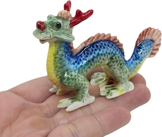 WitnyStore 3¼" Multicolor Chinese Asian Dragon Ceramic Figurine for Terrarium Decoration Collectible Statue for Adult Collectors Handcrafted Porcelain Ornament Sculpture Home Room Tabletop Decor