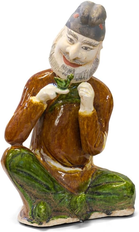 ChinaFurnitureOnline Tang Tri-Color Glazed Ceramics Sculpture of Man Holding Bird