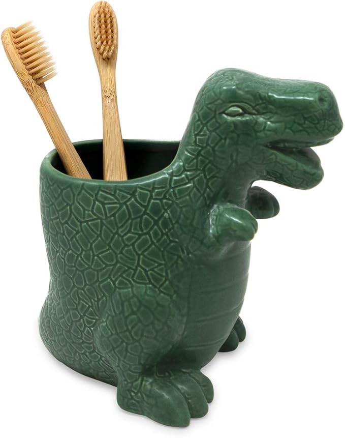 Isaac Jacobs Green Ceramic Dinosaur Cup, Toothbrush Holder, Multi-Purpose Organizer, – Great for Toiletries, Bathroom, Kitchen, Crafts, Desk, Novelty Bathroom Accessory (Single Cup, Green)