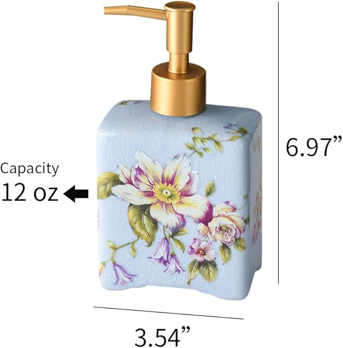 WAYUTO 12 Oz Vintage Soap Dispenser Ice Crack Ceramic Liquid Soap Dispenser Lotion Pump Bottle for Kitchen Countertop Bathroom Decorative Antique Floral Porcelain Hand Soap Dispenser Blue Rose